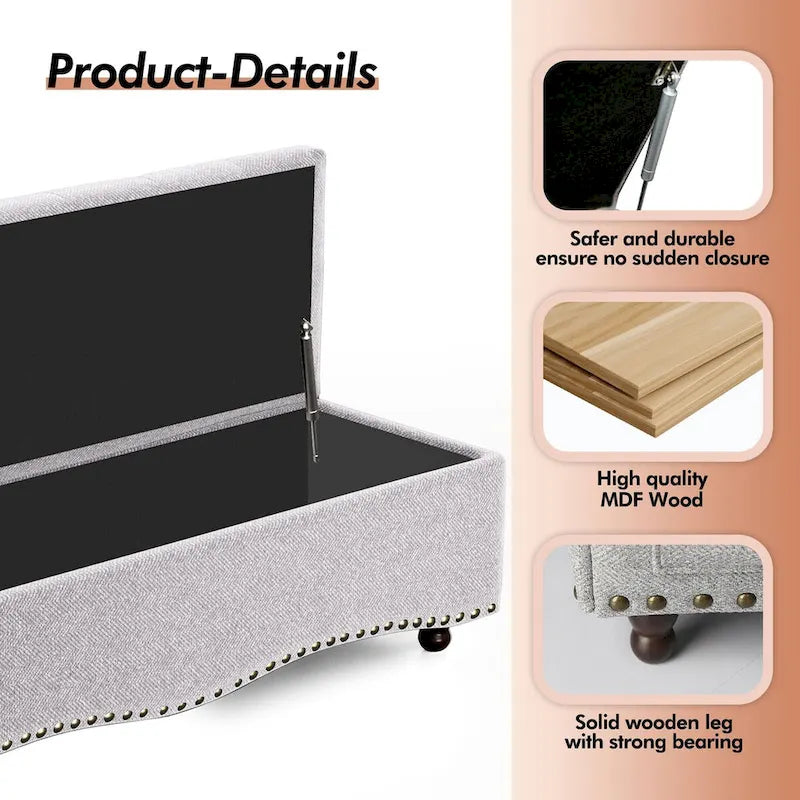 Banc coffre ottoman capitonné de 48,5 cm avec garnitures cloutées et 2 grandes poches latérales pour chambre, salon, entrée