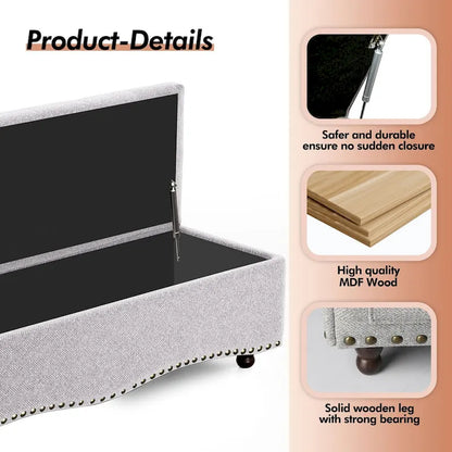 Banc coffre ottoman capitonné de 48,5 cm avec garnitures cloutées et 2 grandes poches latérales pour chambre, salon, entrée