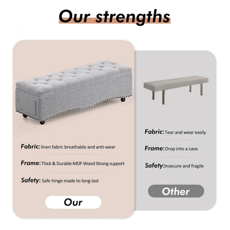 Banc coffre ottoman capitonné de 48,5 cm avec garnitures cloutées et 2 grandes poches latérales pour chambre, salon, entrée