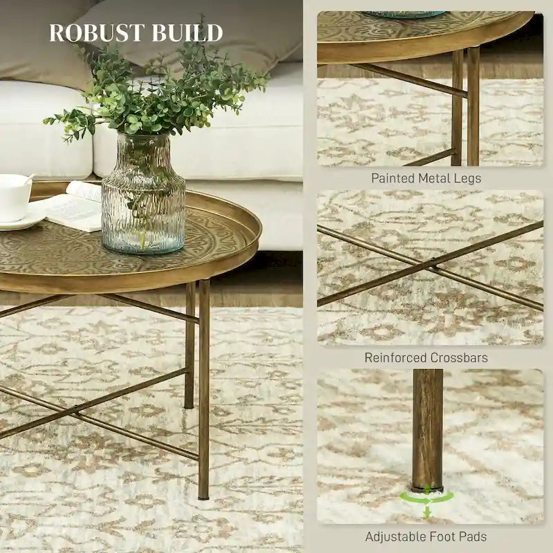 Table basse ronde de 61 cm avec plateau martelé, table centrale vintage en métal pour salon, chambre ou table d'appoint, couleur or