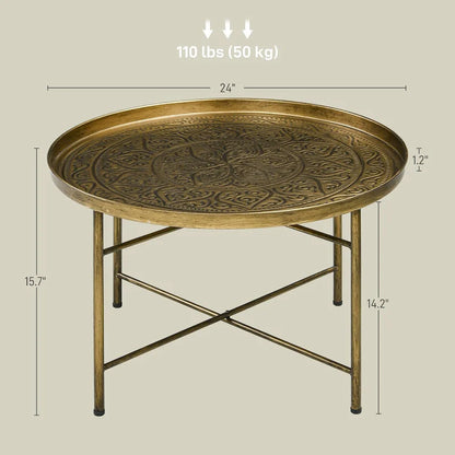 Table basse ronde de 61 cm avec plateau martelé, table centrale vintage en métal pour salon, chambre ou table d'appoint, couleur or