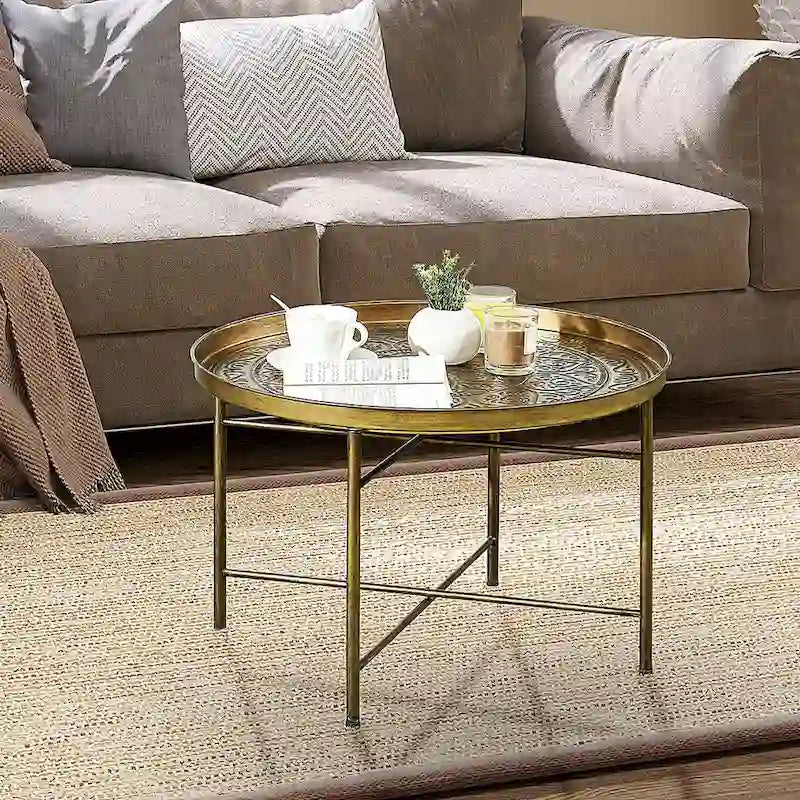 Table basse ronde de 61 cm avec plateau martelé, table centrale vintage en métal pour salon, chambre ou table d'appoint, couleur or