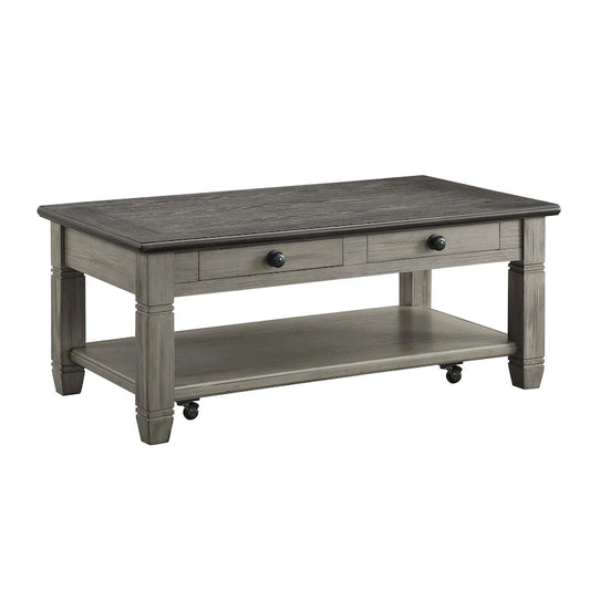 Rome 48 Inch Cocktail Table, 2 Drawers, Casters, Brown and Gray Solid Wood