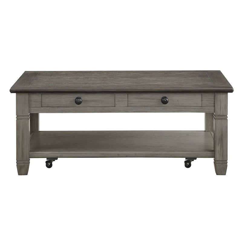 Table basse Rome 122 cm, 2 tiroirs, roulettes, bois massif brun et gris