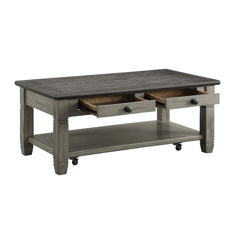 Table basse Rome 122 cm, 2 tiroirs, roulettes, bois massif brun et gris