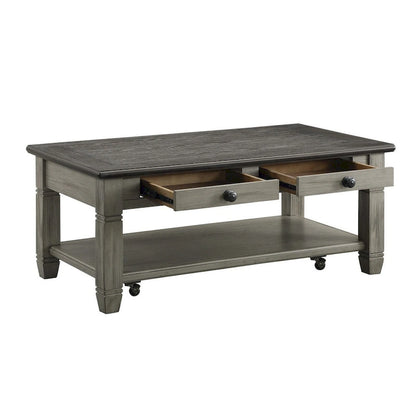 Table basse Rome 122 cm, 2 tiroirs, roulettes, bois massif brun et gris