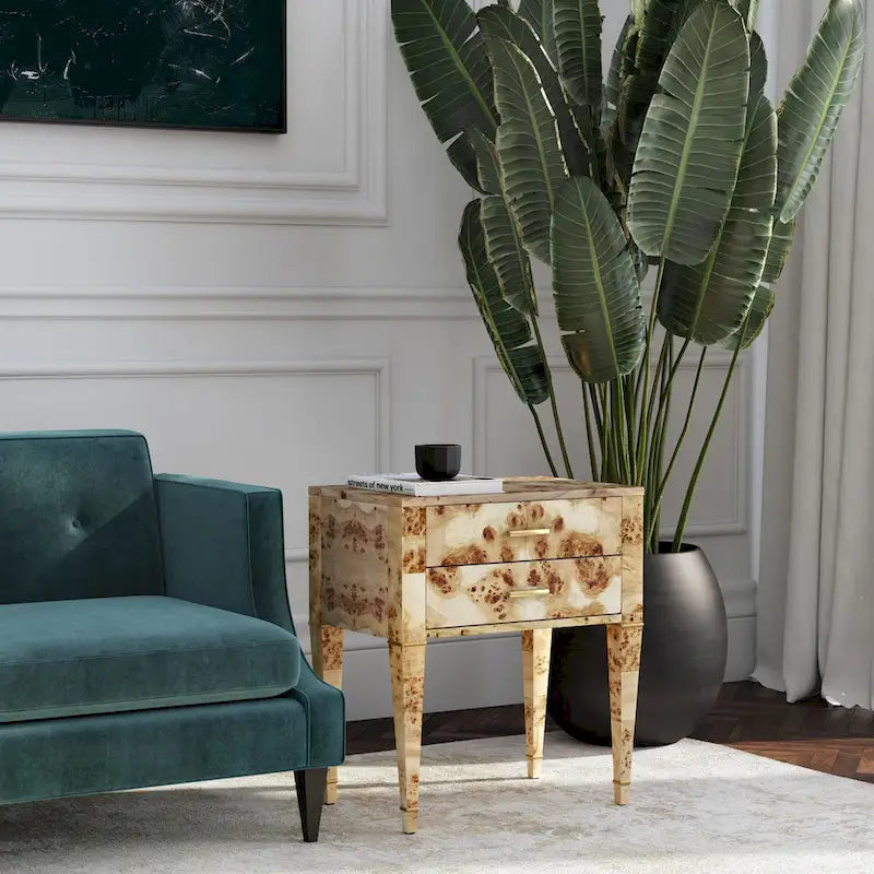 Table d'appoint Kai à 2 tiroirs en loupe de bois