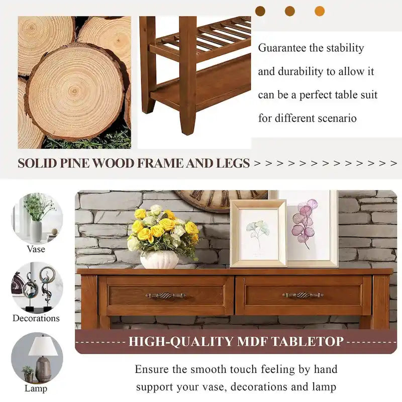 Meuble ancien en bois massif, console à 3 tiroirs