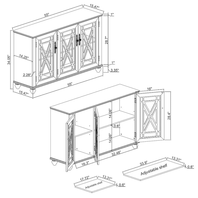 Buffet/meuble d'appoint de cuisine style vintage de 55 pouces de largeur