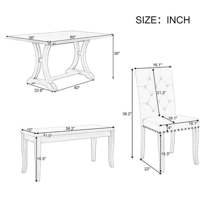 Ensemble de salle à manger de style campagnard 6 pièces, comprenant une table rectangulaire à tréteaux, 4 chaises rembourrées et un banc.