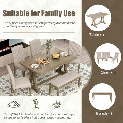 Ensemble de salle à manger de style campagnard 6 pièces, comprenant une table rectangulaire à tréteaux, 4 chaises rembourrées et un banc.