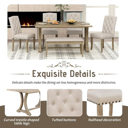 Ensemble de salle à manger de style campagnard 6 pièces, comprenant une table rectangulaire à tréteaux, 4 chaises rembourrées et un banc.