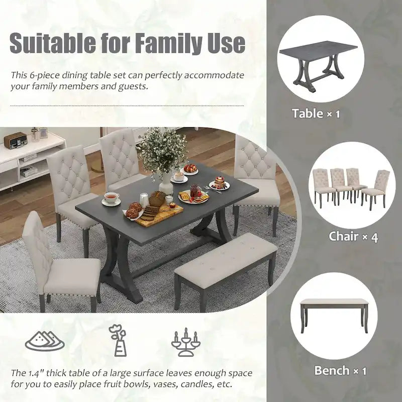 Ensemble de salle à manger de style campagnard 6 pièces, comprenant une table rectangulaire à tréteaux, 4 chaises rembourrées et un banc.