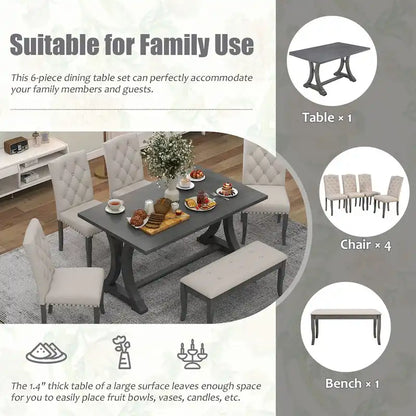 Ensemble de salle à manger de style campagnard 6 pièces, comprenant une table rectangulaire à tréteaux, 4 chaises rembourrées et un banc.