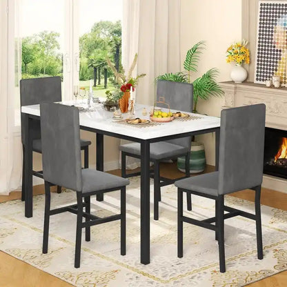 Ensemble de salle à manger décontracté 5 pièces Grondin style moderne avec plateau en faux marbre et 4 chaises de salle à manger rembourrées en velours