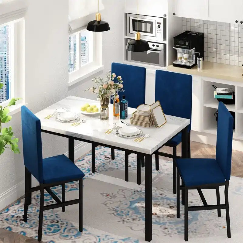 Grondin Modern Style Faux Marble Top 5-Piece Casual Dining Set with 4 Velvet Upholstered Dining Chairs