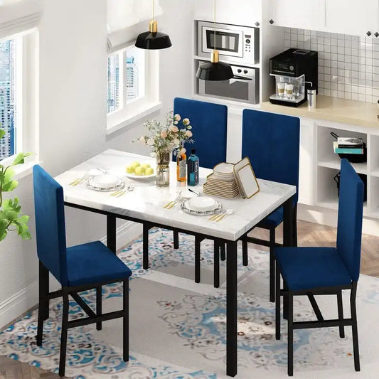 Grondin Modern Style Faux Marble Top 5-Piece Casual Dining Set with 4 Velvet Upholstered Dining Chairs