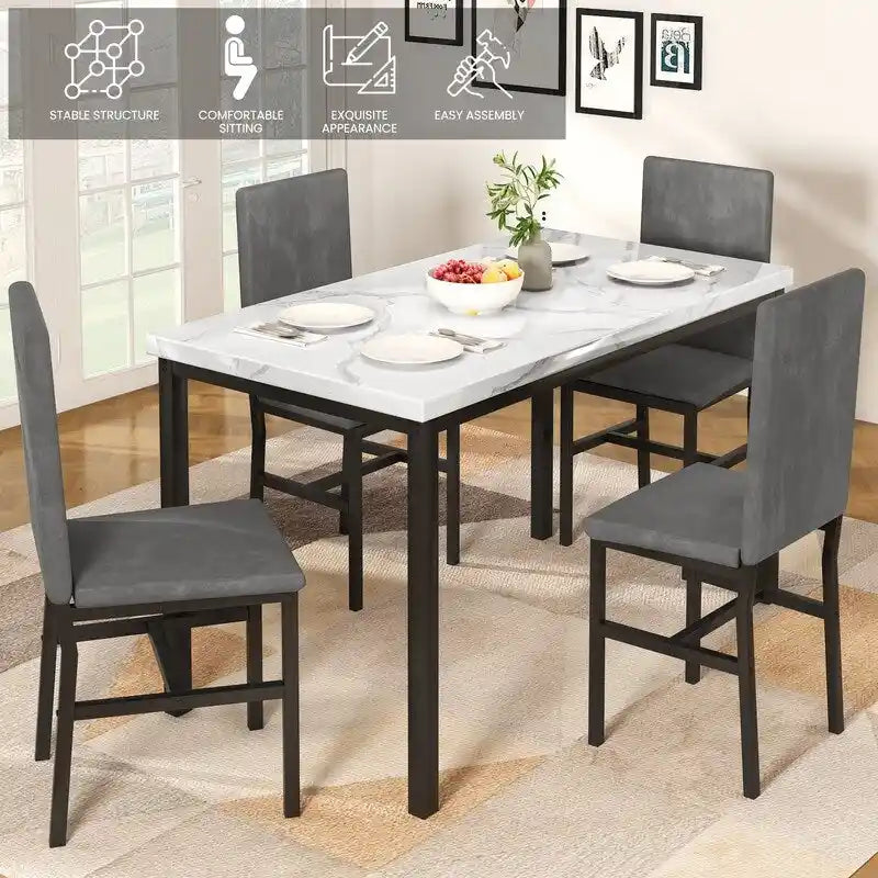 Ensemble de salle à manger décontracté 5 pièces Grondin style moderne avec plateau en faux marbre et 4 chaises de salle à manger rembourrées en velours