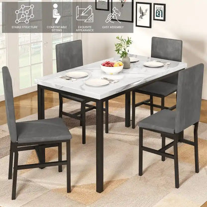 Ensemble de salle à manger décontracté 5 pièces Grondin style moderne avec plateau en faux marbre et 4 chaises de salle à manger rembourrées en velours