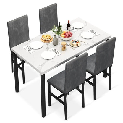Ensemble de salle à manger décontracté 5 pièces Grondin style moderne avec plateau en faux marbre et 4 chaises de salle à manger rembourrées en velours