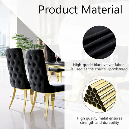 Chaises de salle à manger noires capitonnées, revêtues de velours doux et dotées de pieds en or poli.