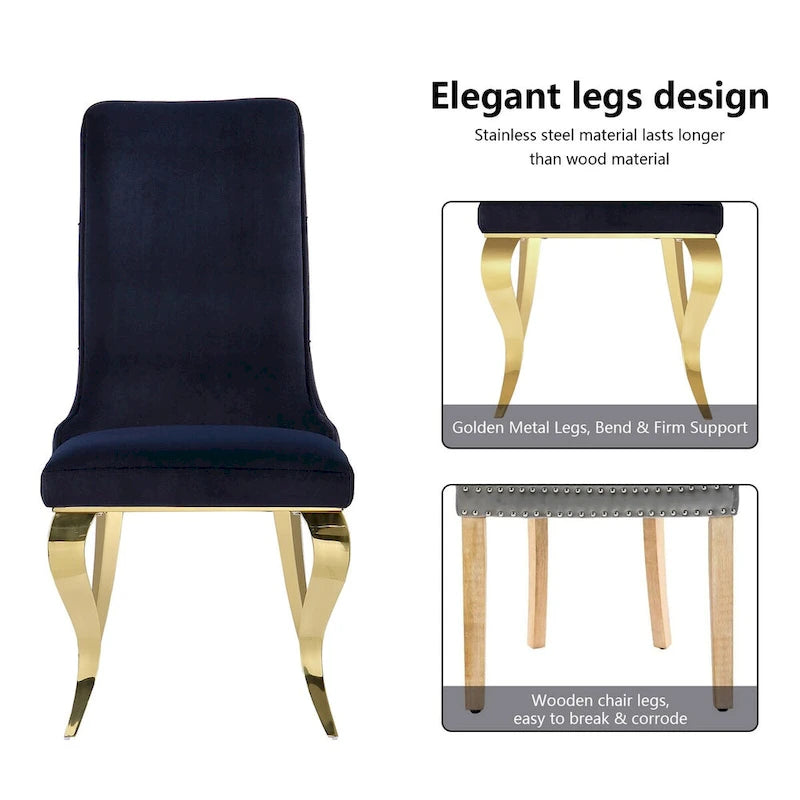 Chaises de salle à manger noires capitonnées, revêtues de velours doux et dotées de pieds en or poli.