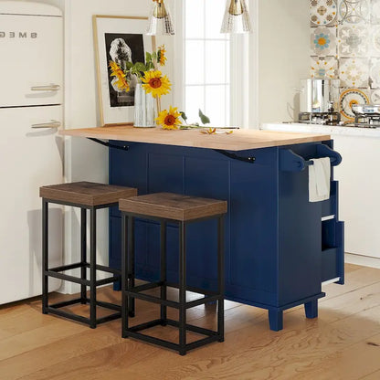 Ensemble îlot de cuisine de style campagnard avec abattant - Ensemble table et chaises avec meuble de rangement, tiroirs et tabourets, étagère réglable