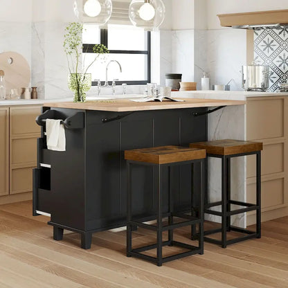 Ensemble îlot de cuisine de style campagnard avec abattant - Ensemble table et chaises avec meuble de rangement, tiroirs et tabourets, étagère réglable