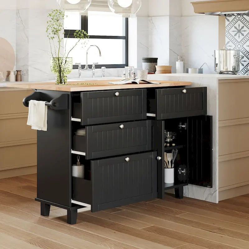 Ensemble îlot de cuisine de style campagnard avec abattant - Ensemble table et chaises avec meuble de rangement, tiroirs et tabourets, étagère réglable