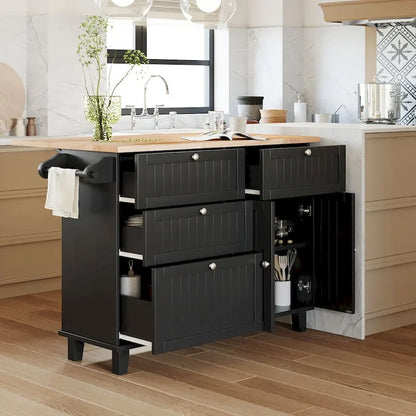 Ensemble îlot de cuisine de style campagnard avec abattant - Ensemble table et chaises avec meuble de rangement, tiroirs et tabourets, étagère réglable