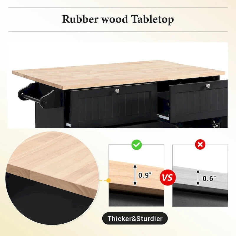 Ensemble îlot de cuisine de style campagnard avec abattant - Ensemble table et chaises avec meuble de rangement, tiroirs et tabourets, étagère réglable