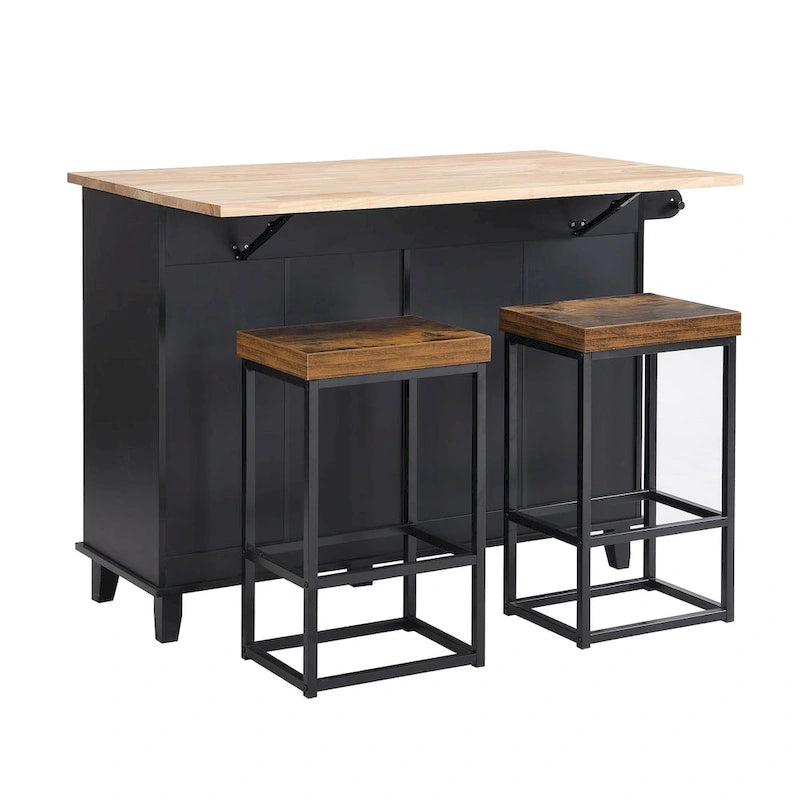 Ensemble îlot de cuisine de style campagnard avec abattant - Ensemble table et chaises avec meuble de rangement, tiroirs et tabourets, étagère réglable