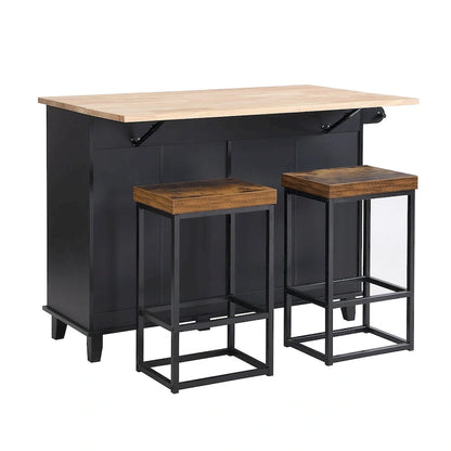 Ensemble îlot de cuisine de style campagnard avec abattant - Ensemble table et chaises avec meuble de rangement, tiroirs et tabourets, étagère réglable