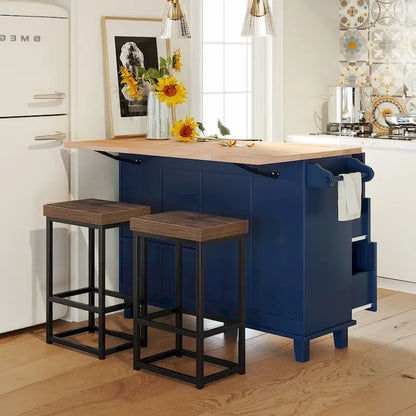 Ensemble îlot de cuisine de style campagnard avec abattant - Ensemble table et chaises avec meuble de rangement, tiroirs et tabourets, étagère réglable