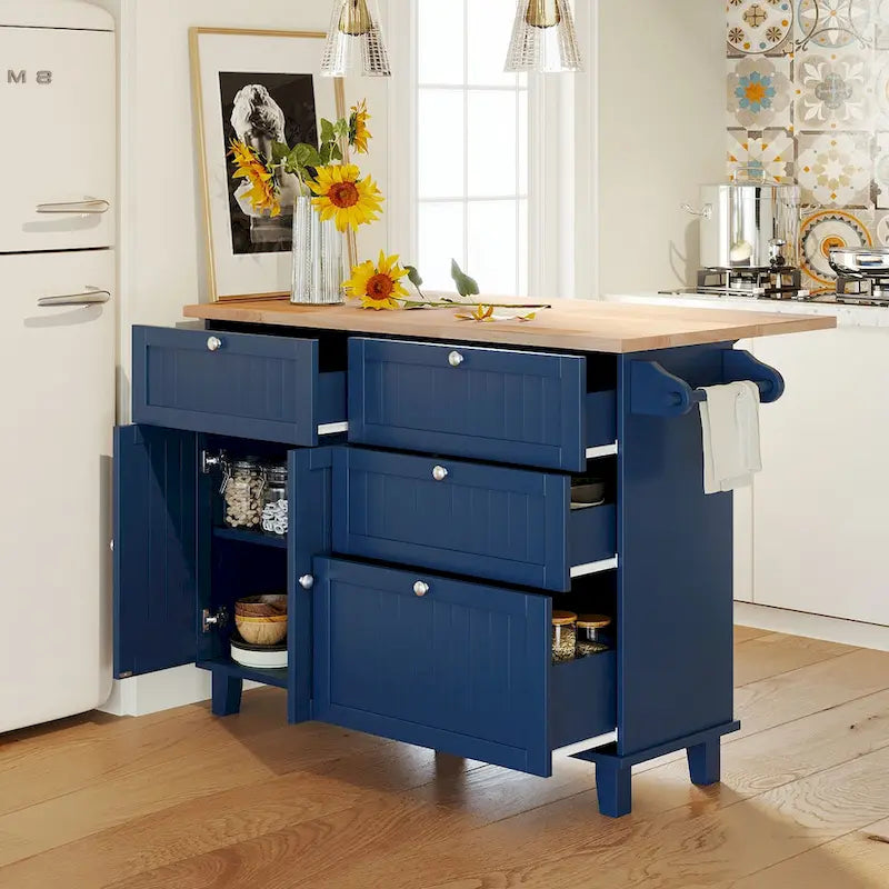 Ensemble îlot de cuisine de style campagnard avec abattant - Ensemble table et chaises avec meuble de rangement, tiroirs et tabourets, étagère réglable