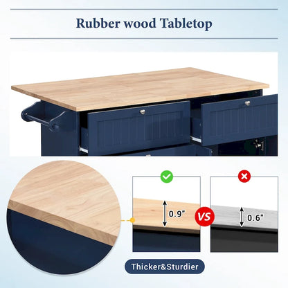 Ensemble îlot de cuisine de style campagnard avec abattant - Ensemble table et chaises avec meuble de rangement, tiroirs et tabourets, étagère réglable