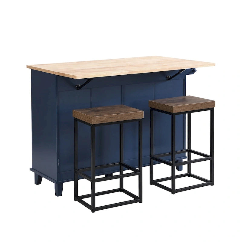 Ensemble îlot de cuisine de style campagnard avec abattant - Ensemble table et chaises avec meuble de rangement, tiroirs et tabourets, étagère réglable