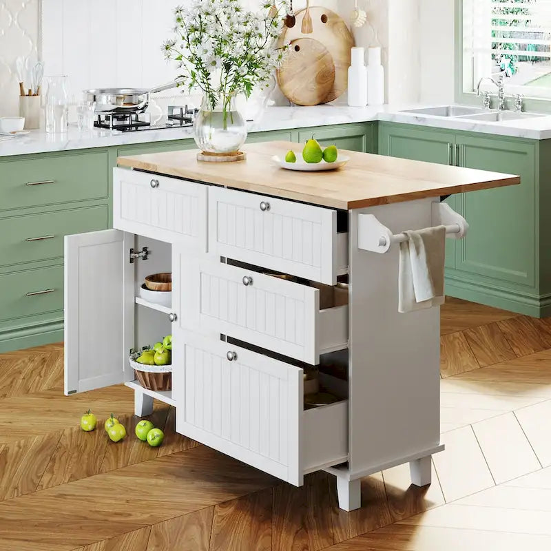 Ensemble îlot de cuisine de style campagnard avec abattant - Ensemble table et chaises avec meuble de rangement, tiroirs et tabourets, étagère réglable