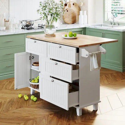 Ensemble îlot de cuisine de style campagnard avec abattant - Ensemble table et chaises avec meuble de rangement, tiroirs et tabourets, étagère réglable