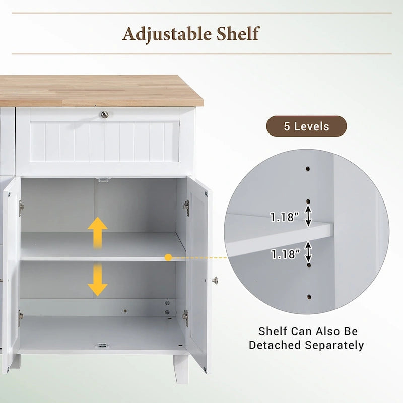 Ensemble îlot de cuisine de style campagnard avec abattant - Ensemble table et chaises avec meuble de rangement, tiroirs et tabourets, étagère réglable
