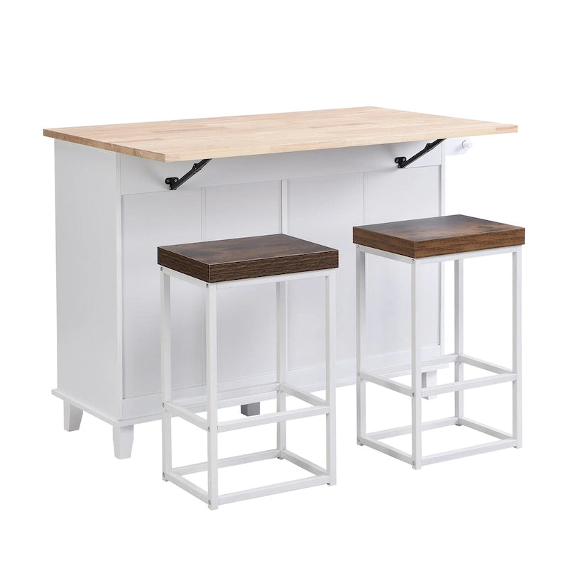 Ensemble îlot de cuisine de style campagnard avec abattant - Ensemble table et chaises avec meuble de rangement, tiroirs et tabourets, étagère réglable
