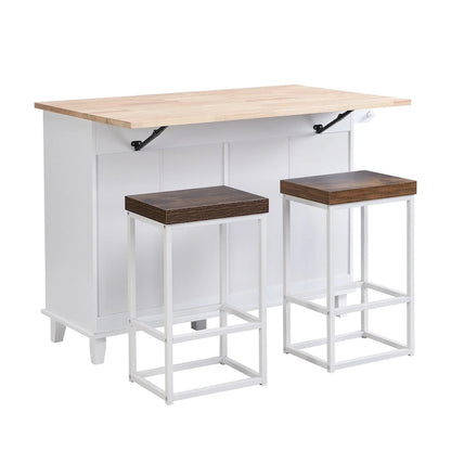Ensemble îlot de cuisine de style campagnard avec abattant - Ensemble table et chaises avec meuble de rangement, tiroirs et tabourets, étagère réglable