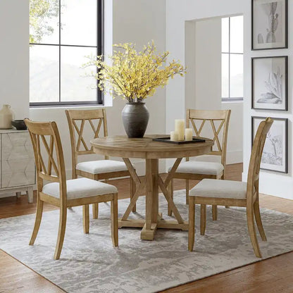 Ensemble de salle à manger rond naturel 5 pièces Nuria Farmhouse avec 4 chaises et une table ronde par HULALA HOME