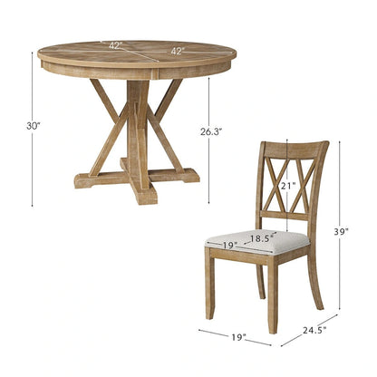 Ensemble de salle à manger rond naturel 5 pièces Nuria Farmhouse avec 4 chaises et une table ronde par HULALA HOME