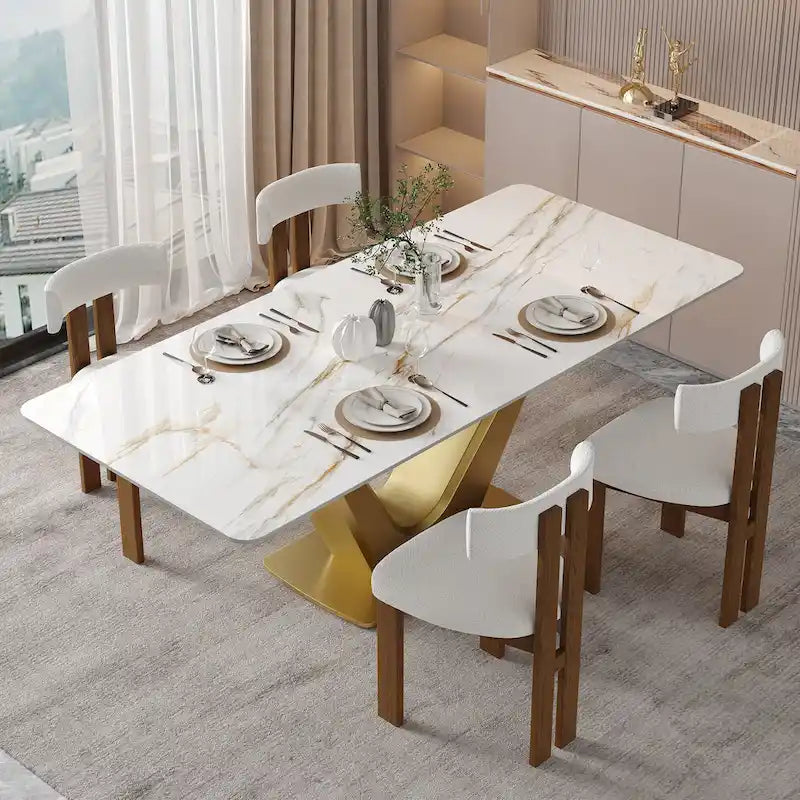 Table de salle à manger rectangulaire moderne 71 pour 6 personnes, plateau en pierre frittée blanche brillante et pieds en acier inoxydable doré