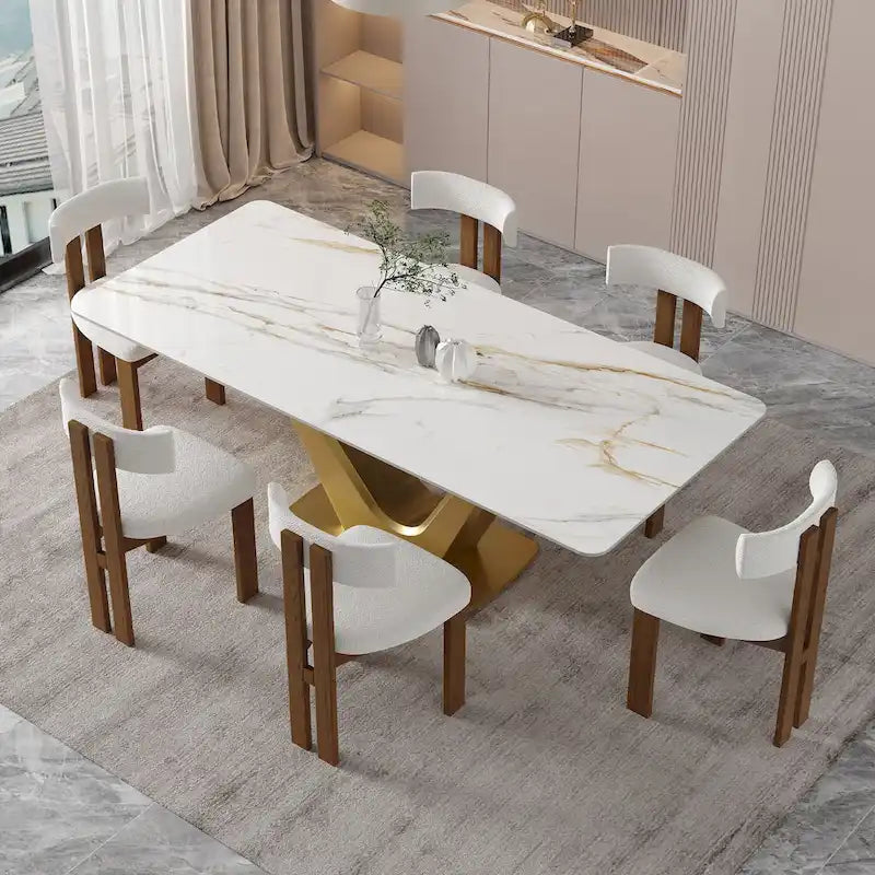 Table de salle à manger rectangulaire moderne 71 pour 6 personnes, plateau en pierre frittée blanche brillante et pieds en acier inoxydable doré