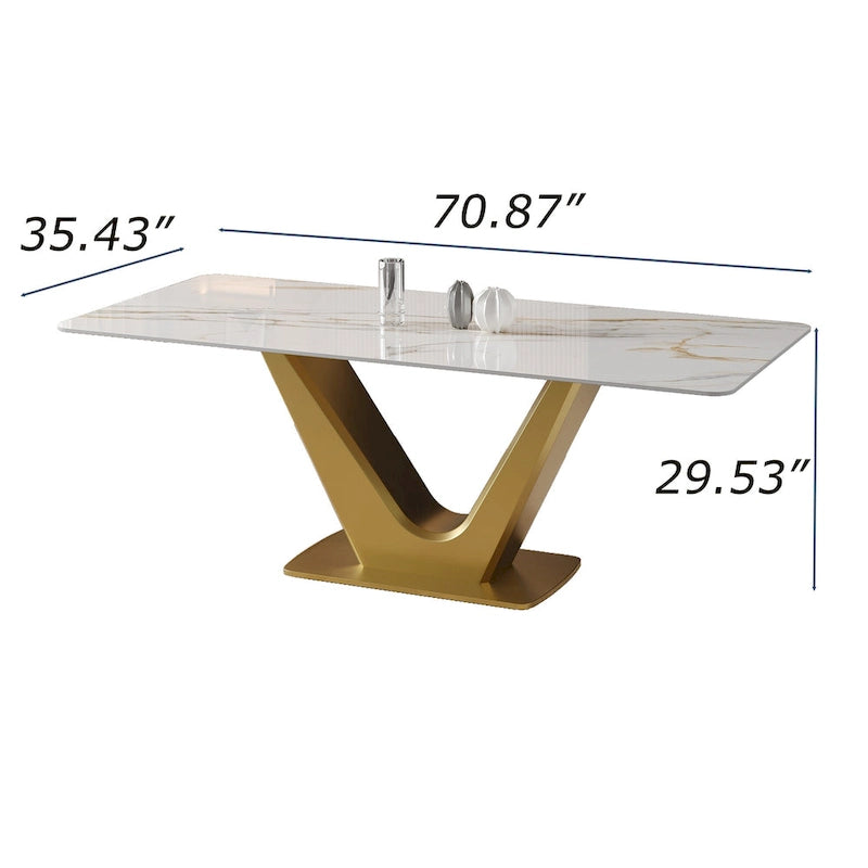 Table de salle à manger rectangulaire moderne 71 pour 6 personnes, plateau en pierre frittée blanche brillante et pieds en acier inoxydable doré