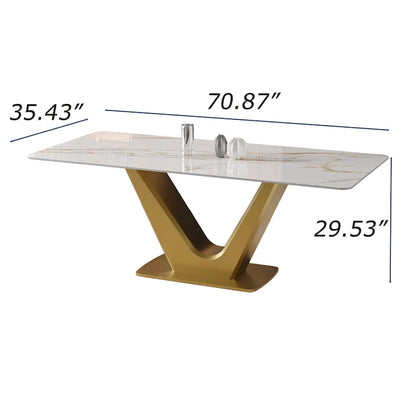 Table de salle à manger rectangulaire moderne 71 pour 6 personnes, plateau en pierre frittée blanche brillante et pieds en acier inoxydable doré