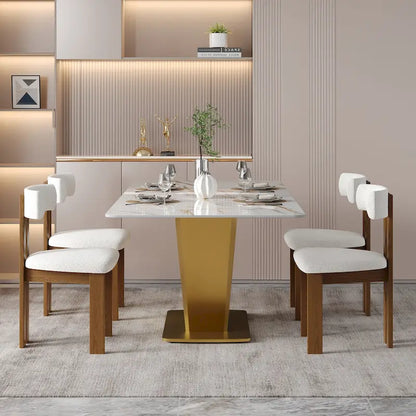 Table de salle à manger rectangulaire moderne 71 pour 6 personnes, plateau en pierre frittée blanche brillante et pieds en acier inoxydable doré