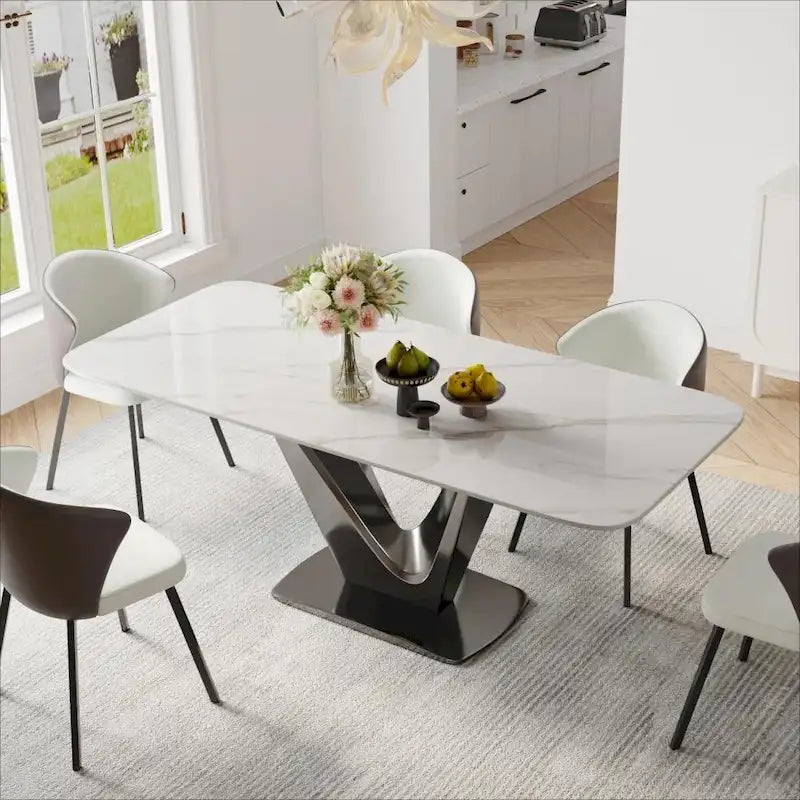 Table de salle à manger rectangulaire moderne 71 pour 6 personnes, plateau en pierre frittée blanche brillante et pieds en acier inoxydable doré